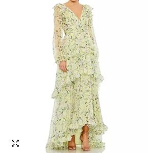 Mac Duggal Lemon Floral Ruffled Maxi Dress